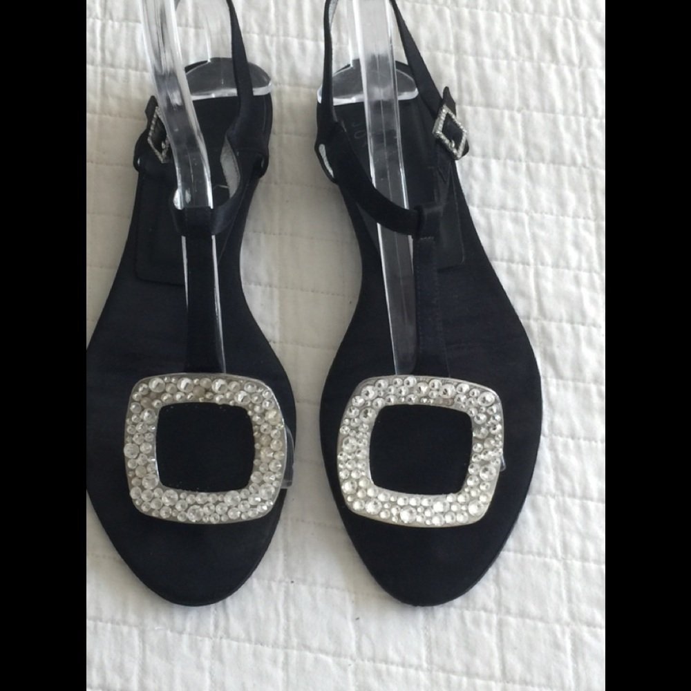 Roger Vivier black ankle thong w/square crystal on vamp & closure